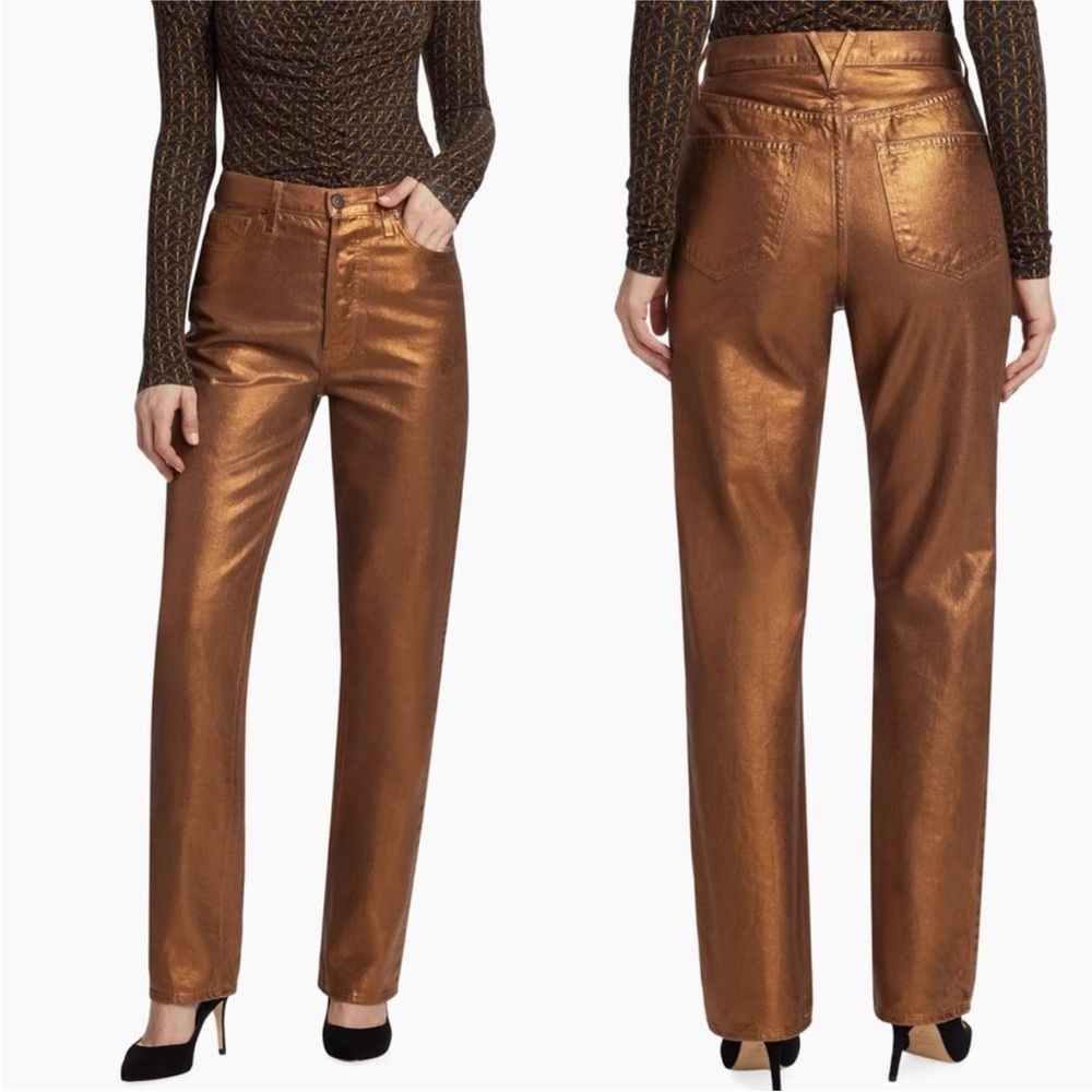 Veronica Beard Metallic Copper Gold Daniela Straight Leg High Rise Denim